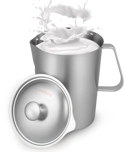 BAODBF 2L Milchkännchen Edelstahl,Handheld Milchschaumkännchen,Milchaufschäumkrug mit Deckel und Markierung Leicht zu Reinigen,Milchkanne Barista für Milchkanne Barista Cappuccino Espresso,Silber (1)