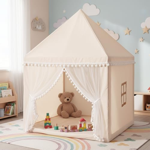 Maxmass Large Kids Play Tent, Children Play House with Washable Mat, Windows, Indoor Outdoor Toddler Playhouse Castle Fairy Tent for Girls Boys (Beige)