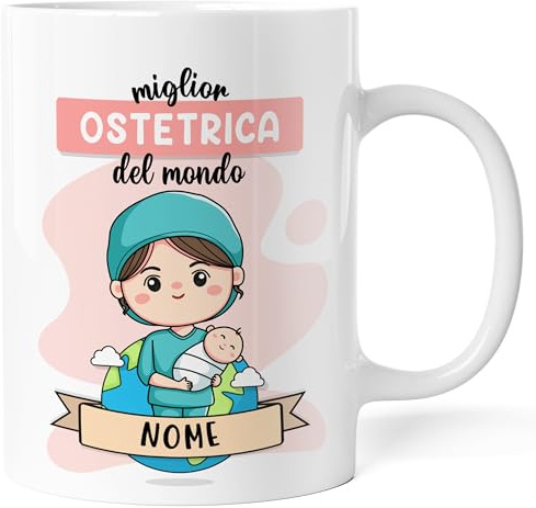Caribu design Tazza Personalizzata con Nome - Idea Regalo Personalizzabile Originale e Divertente per Compleanno, Natale e ogni occasione - Lavoro e Professione (Ostetrica Donna)