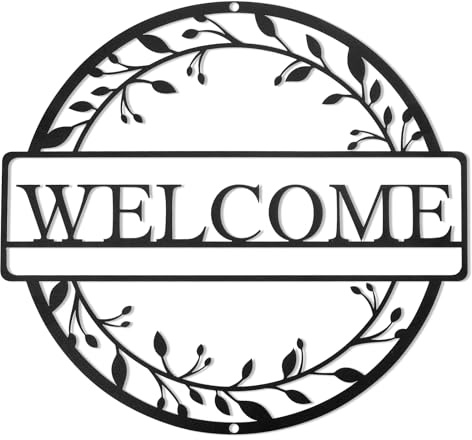 CXRYLZ-FUR Metal Welcome Sign for Front Door, 3D Black Wreath Style Wall Decor, 11.8 Inch Home Letters Hanging Decoration for Porch Farmhouse Outdoor Indoor Entryway Office