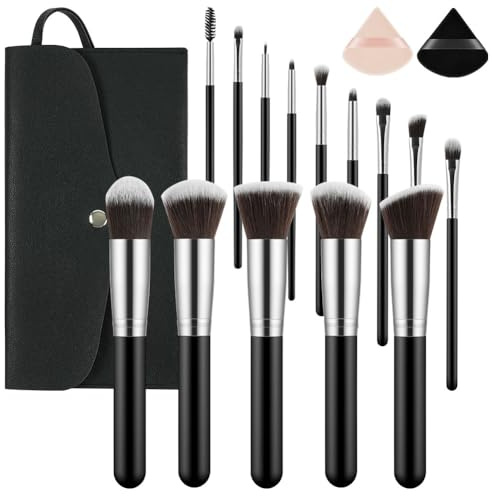 LOPHE 14PCS Pinceaux Maquillage,Set Pinceaux Professionnels Synthétiques Doux,Kit de Maquillage Complet avec Trousse de Rangement et 2 Houppettes Triangle,pour Fond de Teint Blush Yeux, Argent Noir