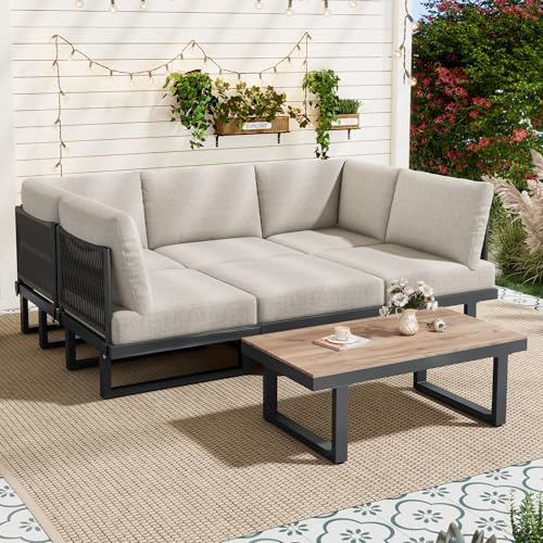 Ball & Cast 5-6 Seater Modular Garden Relaxation Set, Galvanized Iron Frame Outdoor Patio Furniture, 5-piece set, Glass Tabletop Table Included, all Chairs and Backrest Cushions, Grey