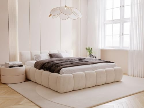 GRAINGOLD Cloud Low Bett, Polsterbett mit Bettkasten, Polsterbett mit Stauraum, Samt, mit Lattenrost, mit Kopfteil, ohne Matratze (Beige, 140x200)