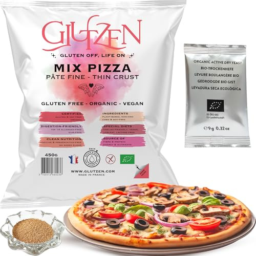 Preparato Bio per Pizza Senza Glutine GLUTZEN. Lievito incluso | Mix per Base Pizza Sottile e Croccante, Senza Impasto. Miscela di Farine Senza Glutine, Celiaco, Senza Allergeni, Vegan