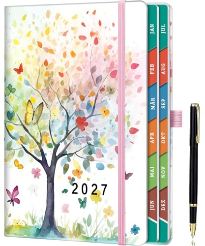 Terminplaner 2027 A5 (21,5 x 15 cm), 1 Tag pro Seite, Deutscher Tagesplaner Jan–Dez 2027, Farbige Monatsregister, Innentasche, Stiftschlaufe & Stift - Traumbaum