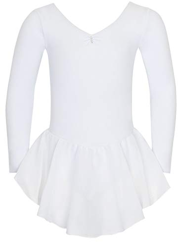 tanzmuster ® Ballettkleid Mädchen Langarm - Anna - aus weichem Baumwollstoff mit Glitzersteinen und Chiffon Röckchen fürs Kinder Ballett Ballettbodyin weiß, Größe:104/110