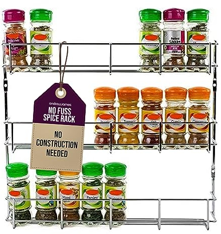 andrew james 1/2/3/4/5 Spice Rack Organiser – No Assembly Needed | Chrome Hanging Spice Shelf for Inside Cupboard Door or Wall Mounted | Kitchen Organiser & Storage Rack with Fixings - Holds 24 Jars