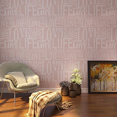 HANMERO 3D Modern Fashion Love&Life Letters Nonwoven Wallpaper Bedroom Wall Paper Roll Decor 57 Square Feet Light Purple