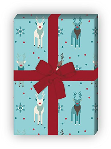 Kartenkaufrausch Süßes Rudolf Rentier Weihnachts Geschenkpapier Set für tolle Geschenk Verpackung, 4 Bögen Musterpapier, Dekorpapier zum basteln 32 x 48cm, auf hellblau