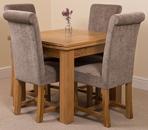 Oak Furniture King Solid Oak Extending Dining Table & Chairs Set 4 Seater Kitchen Dining Set – Richmond 90-150 cm Square Extendable Table & Washington Upholstered Grey Fabric Chairs