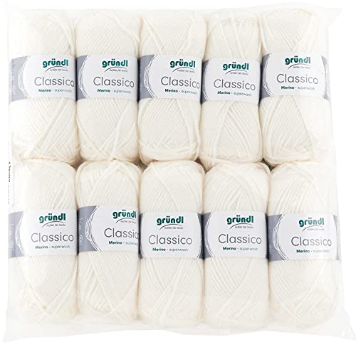 Lana Gründl Classico (filato per maglia/uncinetto certificato OEKO-TEX® in 50 % pura lana vergine (merino superwash) e 50 % poliacrilico, 50 g/120 m, ferri: 3,5 - 4,5, 10 gomitoli da 50 g), Bianco