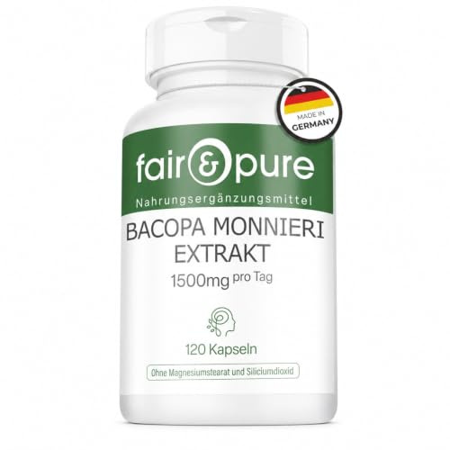 Fair & Pure® - Estratto di Bacopa Monnieri 1500 mg al giorno - Polvere di Brahmi in capsule - 20% Baccosidi - Vegano - 120 Capsule