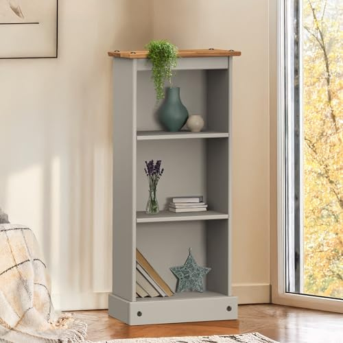 Mercers Furniture Corona Grey Wax Low Narrow Bookcase Solid Wood Pine Wooden Small Painted Office Living Room Bedroom Shabby Chic Mexican Style Display Shelves Shelving 104cm High 46cm Wide 20cm Deep