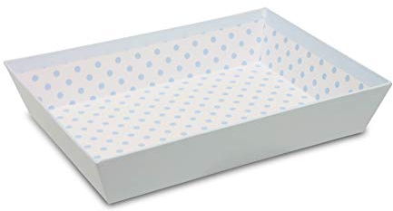 Vassoio rettangolare in cartone resistente in tonalità blu chiaro, molto resistente e pratico. da All'interno Ha un disegno a pois anche blu su uno sfondo bianco. (33 x 20 x 7 cm)