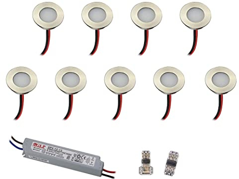 VBLED® LED Mini Bad-Einbauleuchte 9er KIT, rostfreier Edelstahl, IP67 wassergeschütz (starkregensicher), 0,3W, 15 lm, WW (3000K) (9er Set WW mit Trafo 12V, 12W IP67)…