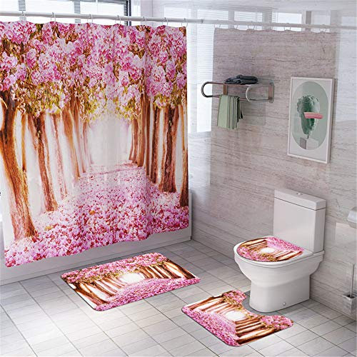 Enhome Juego de 4 Piezas de Alfombra de baño Antideslizante + Tapa de Inodoro + Alfombrilla de baño + Cortina de Ducha, Estampado Floral (Flor de melocotón)