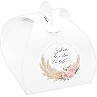 24 x Kartonagen weiß + Aufkleber 'Pampasgras - Schön, dass du da bist!' Gastgeschenke Set für Hochzeit, Taufe, Kommunion, Konfirmation