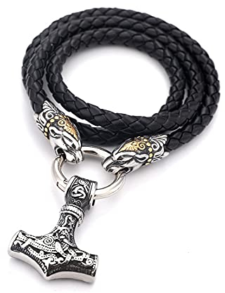 WYPAN Viking Thors Hammer Anhänger Mit Edelstahl Wolfskopf Leder Geflochtene Kette, Nordische Mythologie Odin Keltischer Knoten Männer Mjolnir Halskette Amulett Schmuck,Silber,50cm
