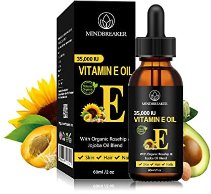 Huile de vitamine E 35 000 IU + mélange de rose musquée et de jojoba biologiques -100% d'huiles pures d'extrait végétal, huile hydratante pour la peau et le visage (60ml)