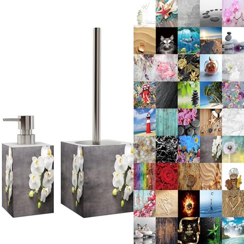 Sanilo Badezimmer Set, Seifenspender und WC Bürste mit Motiv, große Auswahl, Klobürste ohne Bohren, schöne Designs (Pretty)