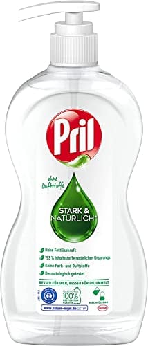 Pril Stark & Natürlich Geschirrspülmittel ohne Duftstoffe 420 ml, Spülmittel sensitiv mit hoher Fettlösekraft, in nachfüllbarer Pumpflasche, Blauer Engel-zertifiziert