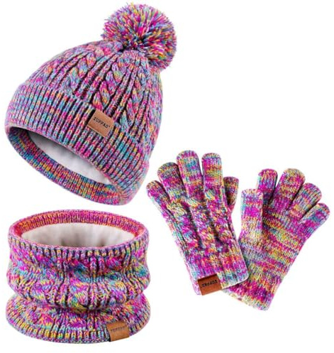 Girls Winter Hat, Gloves & Scarf Set - Fleece Lined with Pom Beanie, Neck Warmer & Mittens for Toddler & Children