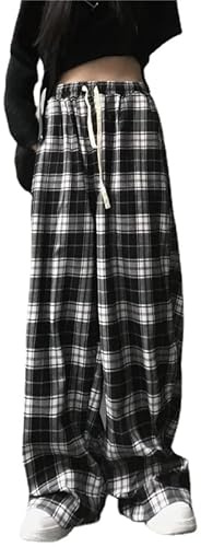 Grunge Baggy Cargo Pants Y2K Casual Plaid Drawstring Goth Alt Pants Fairy Grunge Alternative Hippie Streetwear, schwarz, Klein