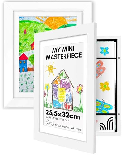 Americanflat Cadre Dessin Enfant à Changer A4 Blanc avec Passe-Partout et 25,5 x 32 cm sans Passe-Partout - Cadres avec Ouverture Frontale Pouvant Contenir 100 Pièces - Lot de 2