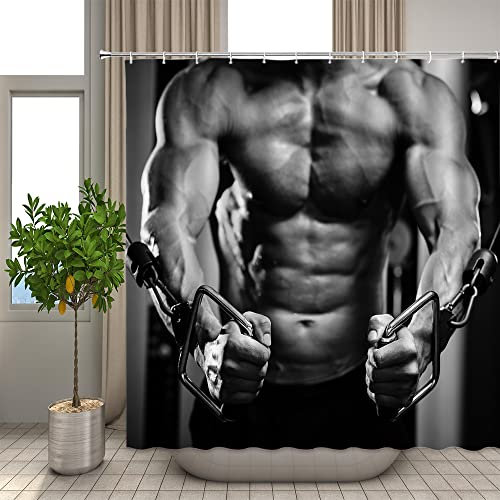 JOKITA Duschvorhang 240x200 Fitness-muskeln Duschrollo Wasserabweisend Anti-Schimmel mit 12 Duschvorhangringen, 3d Bedrucktshower Shower Curtains, für Duschrollo für Badewanne Dusche