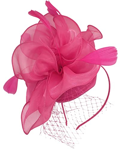 Topkids Accessories Fascinators Chiffon Fascinator Hochzeit Hut Ascot Hüte Netz Schleier Fascinator Haarband befestigt an Metall Haarreif für Mädchen, Damen, Frauen, fuchsia, Einheitsgröße