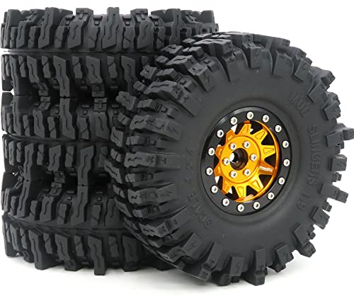 HOBBYSOUL RC Schweren 1.9 Beadlock Felgen Gold schwarz & 1.9 Mud Slingers Reifen Höhe 120mm/4.72 für 1/10 Crawler LKW Traxxas TRX-4 / RC4WD D90 D110 TF2 / Tamiay CC01 / Axial SCX10,(4 Stück)