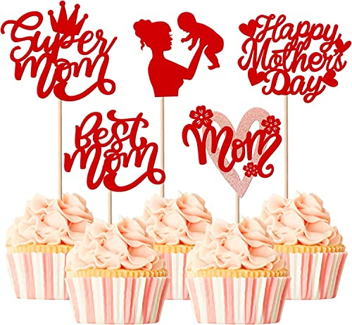 30 Stück Happy Mother's Day Tortendeko, Glitzer Herz Cake Toppers Krone Kuchen Deko Cupcake Toppers für Glücklicher Muttertag Thema Frauen Geburtstag Party Supplies Rot