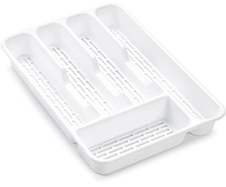 Cubertero para cajón con 4 o 5 compartimentos con agujeros LIBRE BPA, organizador cubiertos con compartimentos apto lavavajillas, separadores de cajones para cocina 32cm (5compartimentos, Blanco)