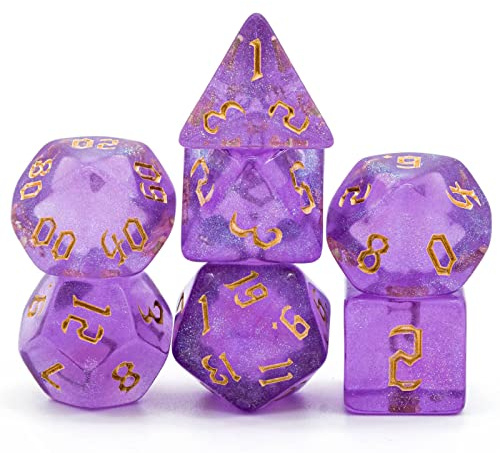 Cusdie 7-teiliges DND-Würfel-Set, D&D-Polyedrische Würfel für Dungeons and Dragons, TTRPG, Rollenspiele, RPGs (lila mit Sichelschrift)