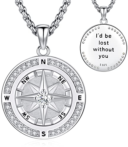 Eusense Kompass Halskette Kette 925 Sterling Silber mit Geburtsstein Kompass Anhänger Kette Herren Damen Amulett Schmuck Graduierung Geschenk Für Familie Freunde Liebhaber Jahrestag Graduierung