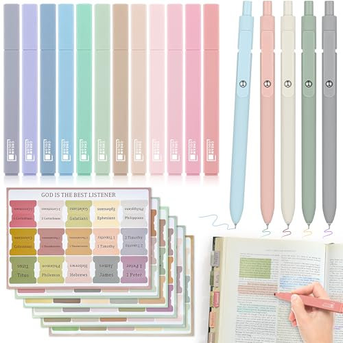 DazSpirit 12 pcs No Bleed Highlighters & 5 pcs 0.5mm Smooth Gel Pens Set with 90 Bible Tabs for Study Easy Navigation for Women/Men (73 Pre-Printed & 17 Blank Tabs), for Notes, Bible, School, Office