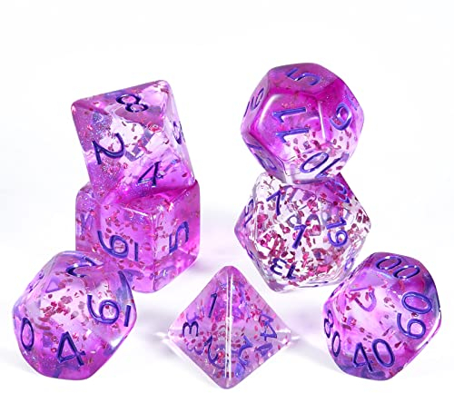 FLASHOWL Set di dadi a nastro di cristallo (7 pezzi in acrilico viola esaedro D4-D20) per D&D, MTG, giochi da tavolo