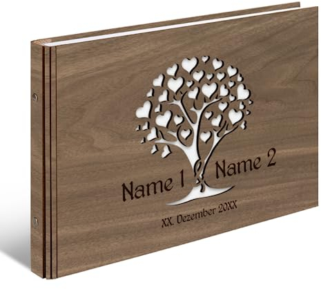 Personalisiertes Hochzeit Gästebuch echtes Holz DIN A4 Hochzeitsbuch mit Lasergravur - Herzbaum - mit 72 Blatt / 144 Seiten Naturpapier Weiß