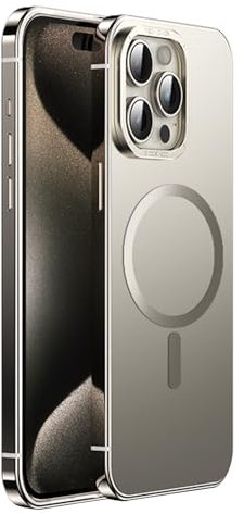 Soyeacrg Case for iPhone 15 Pro Max/15 Pro/15, [Compatible with Magsafe] Lens Protector Upgraded Airbag Stainless Steel Metal Frame Ultra Thin Skinfeeling Frosted PC Back,Titanium,15 Pro Max