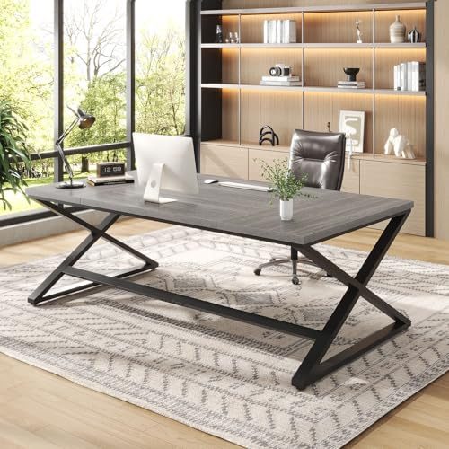 IBF Bureau D'Ordinateur Grand Bois Métal Professionnel 180Cm Chêne Gris | Bureau Informatique Spacieux Structure Solide Design Pratique, Adapté Pour Espace Professionnel Et Travail à Domicile