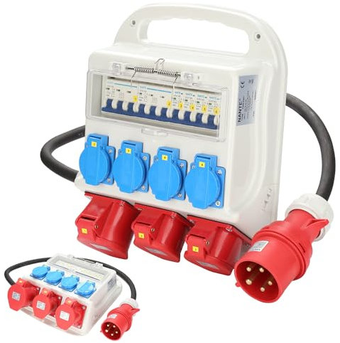 Ansobea Distributore di corrente da costruzione 32 A, 4 x 230 V + 2 x 16 A, 400 V, CEE, 1 x 32 A, 400 V, CEE 5 poli, distributore di corrente IP44 con interruttore FI LS, con coperchi di sicurezza e