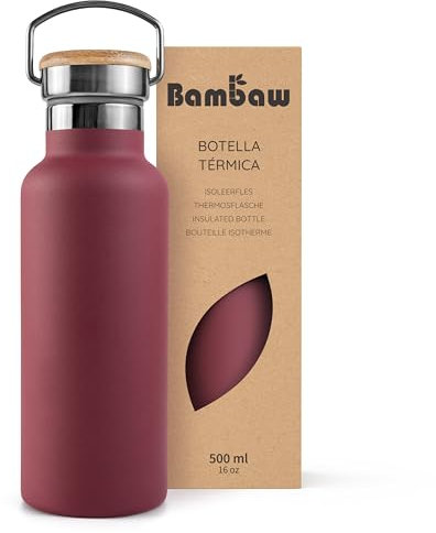 Bambaw Botella térmica 500ml, Botella agua roja, Botella agua acero inoxidable 500ml, Botella agua gimnasio, Botella gym, Termo agua – Rojo cereza