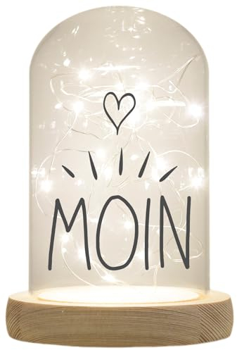 WB wohn trends LED-Glaskuppel, Moin Herz, 16,5x11cm, Glasglocke mit LED-Licht und Holz-Fuß LED-Laterne LED-Lampe mit Text Spruch