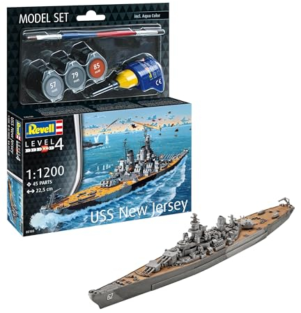 Revell 65183 Battleship USS New Jersey Kit de modélisme en plastique non construit/non peint à l'échelle 1:1200 avec colle professionnelle Contacta, pinceau et peintures Aqua Color sélectionnées