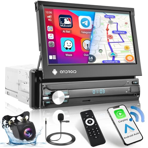 Inefala 32GB 1 DIN Android 13 Autoradio avec Wireless Carplay Android Auto 7 Pouces Tactile Retractable Poste Radio Voiture Bluetooth avec USB FM/RDS SWC Caméra de Recul & Mic