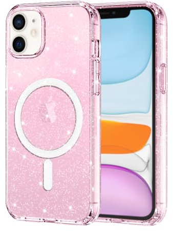 Foonary Transparent Glitter Cover Magnetic for iPhone 11 6.1, Bling Brilla Case Compatible with MagSafe Magnetic Wireless Charging, Bumper TPU Hard PC Pink Phone Cases, for iPhone 11