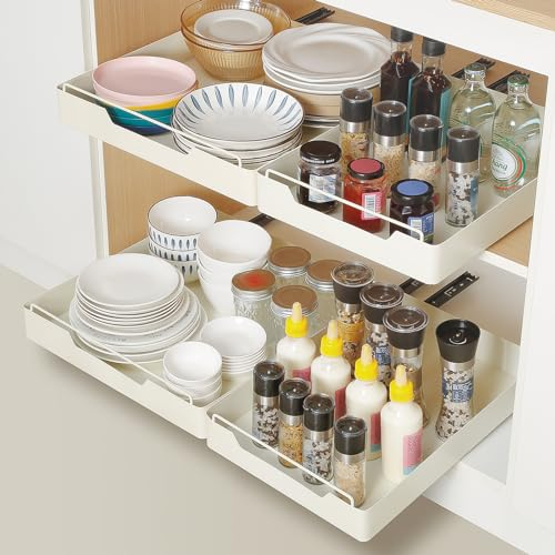 NAYAHOSE Teleskopschublade, Ausziehbarer Schrank Organizer, Ausziehbare Schubladen Aufbewahrungsregale, Korbauszug Küchenschrank Organizer mit Griff, Slide Out Drawer Cabinet Küche (Weiß, Breite 30cm)