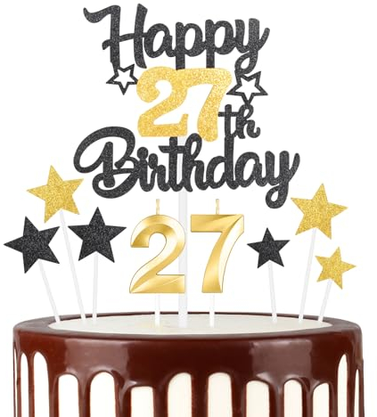 Black Gold 27th Happy Birthday Candles Cake Toppers Set, Number 27 Candle for Cake, Gold Candles for Women Men Birthday Decorations, Star Cake Toppers for Girls Boys Birthday Party Wedding Anniversary