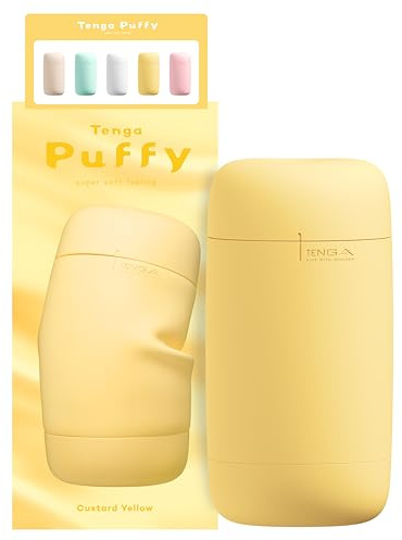 TENGA PUFFY Custard Yellow - Masturbator | Weiche Schwammschicht unter seidiger Silikonhülle - innen weiche, spiralförmig gewundene Rippen, 16,5 cm - Designed in Japan