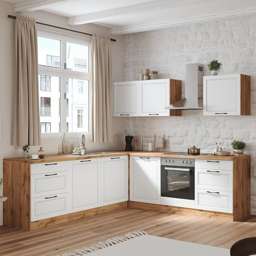Lomadox Winkelküche Küche Einbauküche Küchenzeile L-Form 240/240 cm mit E-Geräten in weiß und Eiche, Arbeitsplatte in Eiche, inkl. Dunstabzugshaube, Herd, Backofen, Geschirrspüler